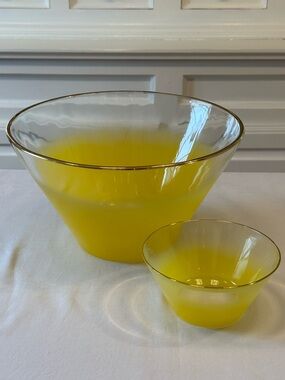🍋 Vintage Blendo Yellow Frosted Ombre Chip & Dip Bowl Set Gold Rim MCM HTF